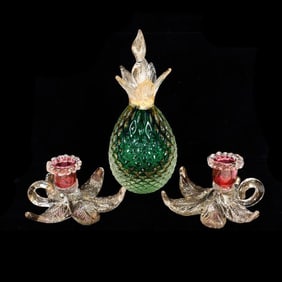 Murano Glass Pineapple and Pair of Candleholders