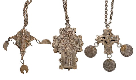 Three Crucifix Pendants, incl. One With Coins