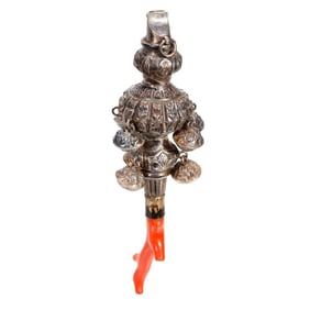 Victorian Sterling Whistle Rattle with Coral Handle