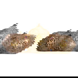 Double Eagle Insignia Buckle/Regalia: Possibly Montenegrin; a three-part hinged silver metal belt buckle/regalia with gilt insignia of crest over double-headed eagle with cross in shield; glass stones, and chain attachment; 3 1/4" x 8 1/2