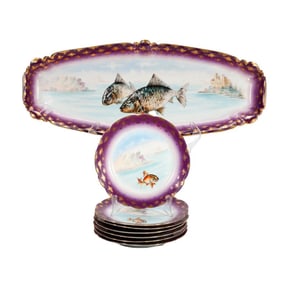 Austrian Porcelain Fish Platter and Plate Set