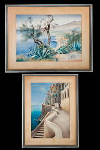 George Mayer-Marton (1897-1960): Artist: George Mayer-Marton (1897-1960). Two works: Seaside town view (1933); Beach village view from hill (1933). Signed: Each signed and dated lower right. Medium: Watercolor on paper. Size: Each 14