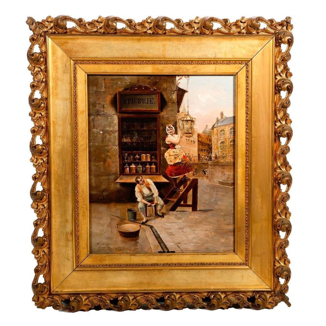 French School (Early 20th Century): Artist: French School (Early 20th Century). Title/Description: Epicerie (Paris street scene). Unsigned. Medium: Oil on board. Size: 10 1/2" x 8 3/4" (frame 16 1/4" x 14 3/4"). Vintage Paris label on b