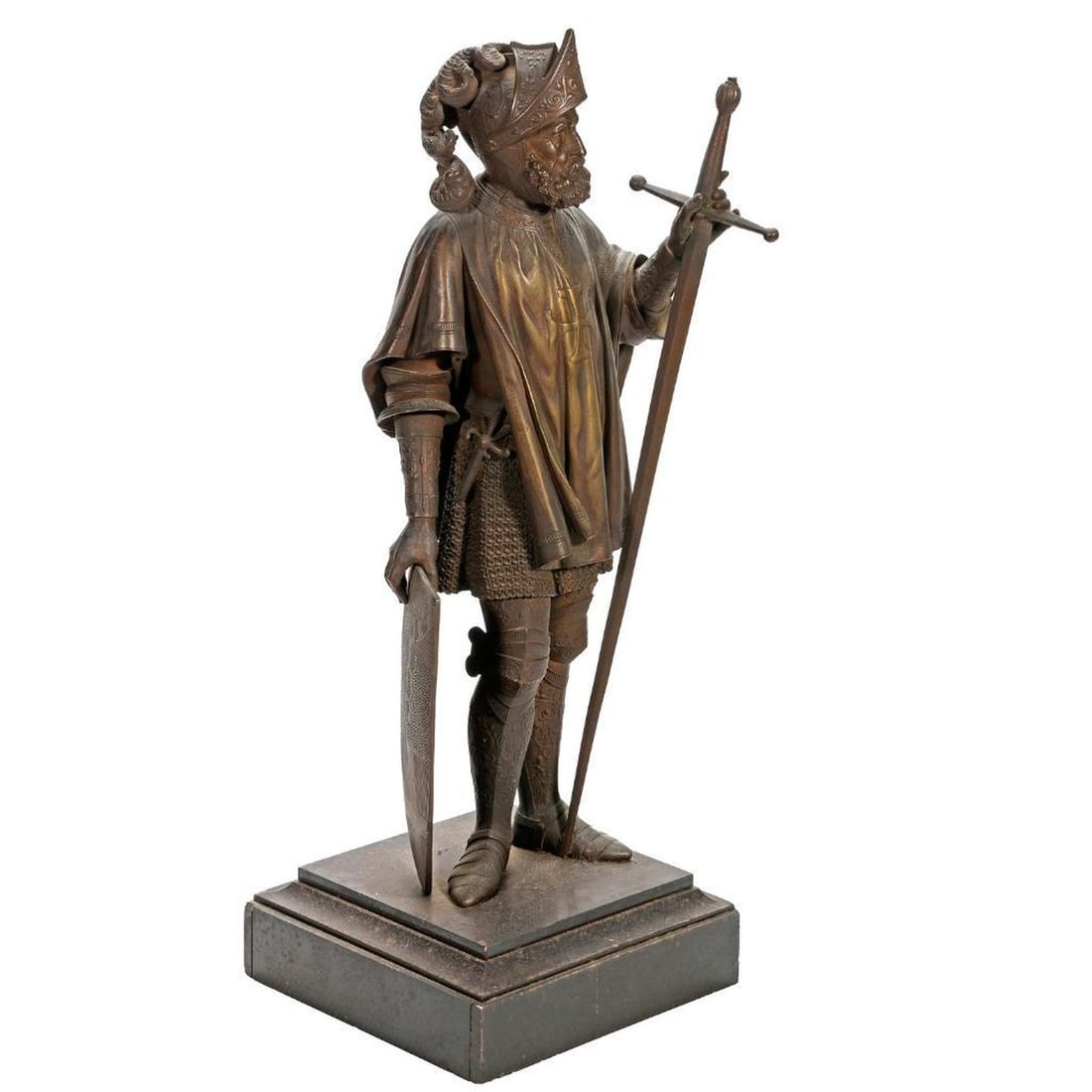 Cast-Metal Statue of a Knight Templar: A small cast-metal statue of a Knight Templar in armor with shield; unmarked. Mounted on wood stand. Figure 17 7/8"; total with stand 20 3/8".