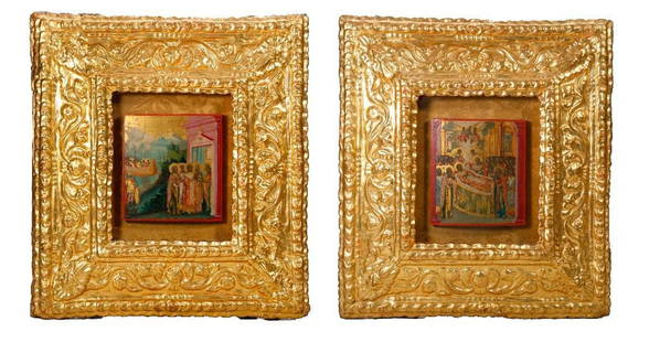 Pair of Icons on the Life of St. John Chrysostom: Russian, Circa 18th/19th Century. A pair of finely painted icons depicting scenes from the life and death of Saint John Chrysostom, the Archbishop of Constantinople. Approx. 6" x 5 3/8" and 5 7/8" x 5