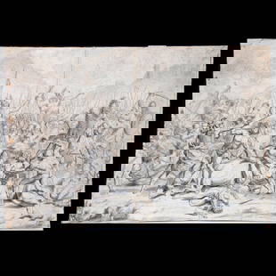 Attributed to Gerard Audran (1640 - 1703): Artist: Attributed to Gerard Audran (1640 - 1703). Title/Description: A preparatory drawing for etching, Battle of the Israelites Against Amorites. Unsigned. Medium: Ink on paper. Size: 17 3/4" x 25 5