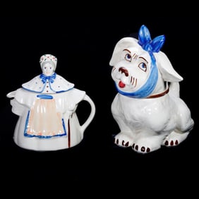 American Bisque Grandmother Teapot and Puppy Cookie Jar