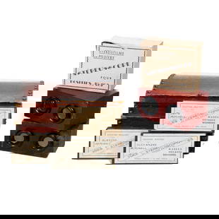 Set of Vues Stereoscopiques Paris Slides and Viewers: Two stereoscopic Bruguiere viewers, and three boxes of compatible Editions Rolland, Paris Vues Stereoscopiques photographic glass positives of Paris sites (10 per box). Together with a box of smaller