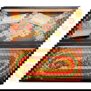 Victorian McLoughlin Bros. Bookshelf Games: Games of Captive Princess, Tournament, and Pathfinders; an illustrated folding "book" design multi-game board, by McLoughlin Brothers, 1875. Instructions present (torn/partial), along with cup and dic