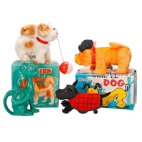 Three Vintage Windup Dogs, with L.V. Aronson Metal Dog