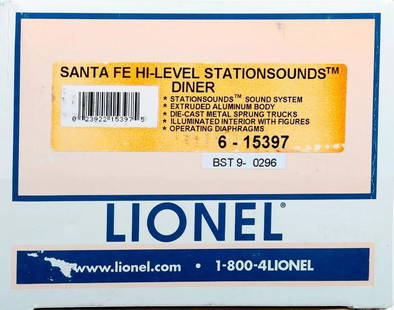 Lionel O Gauge 3 Rail 6-13597 Santa Fe Hi-Level Station Sounds Diner: Lionel O Gauge 3 Rail 6-15397 Santa Fe Hi Level Station Sounds Diner Streamline Car in faded shelf worn original box.