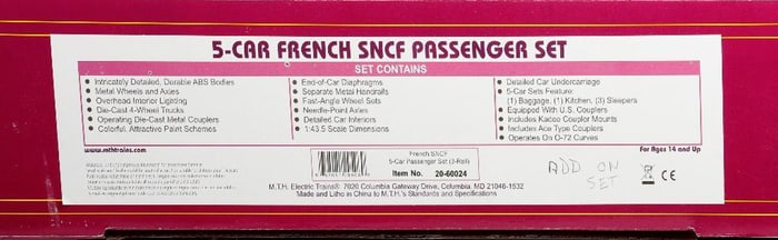 MTH O Gauge 3-Rail 20-60024 5-Car French SNCF 5-Car Passenger Set
