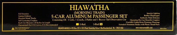 Weaver O Gauge, 3-Rail Hiawatha 5-Car Passenger Set