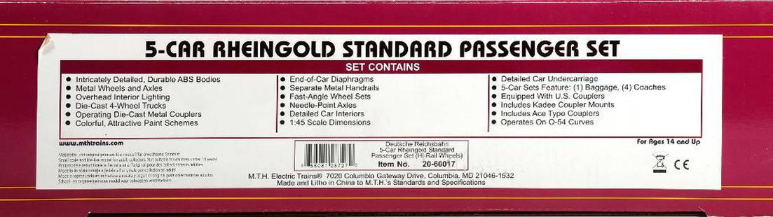 MTH O Gauge, Hi Rail,5-Car Rheingold Standard Passenger Set: MTH 20-60017 O Gauge, Hi Rail, 5 Car Rheingold Standard Passenger Set in shelf worn original box.