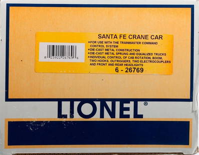 Lionel O Gauge 3 Rail 6-26769 Santa Fe Crane Car: Lionel O Gauge 3 Rail 6-26769 Santa Fe Crane Car in original shelf worn, faded box.