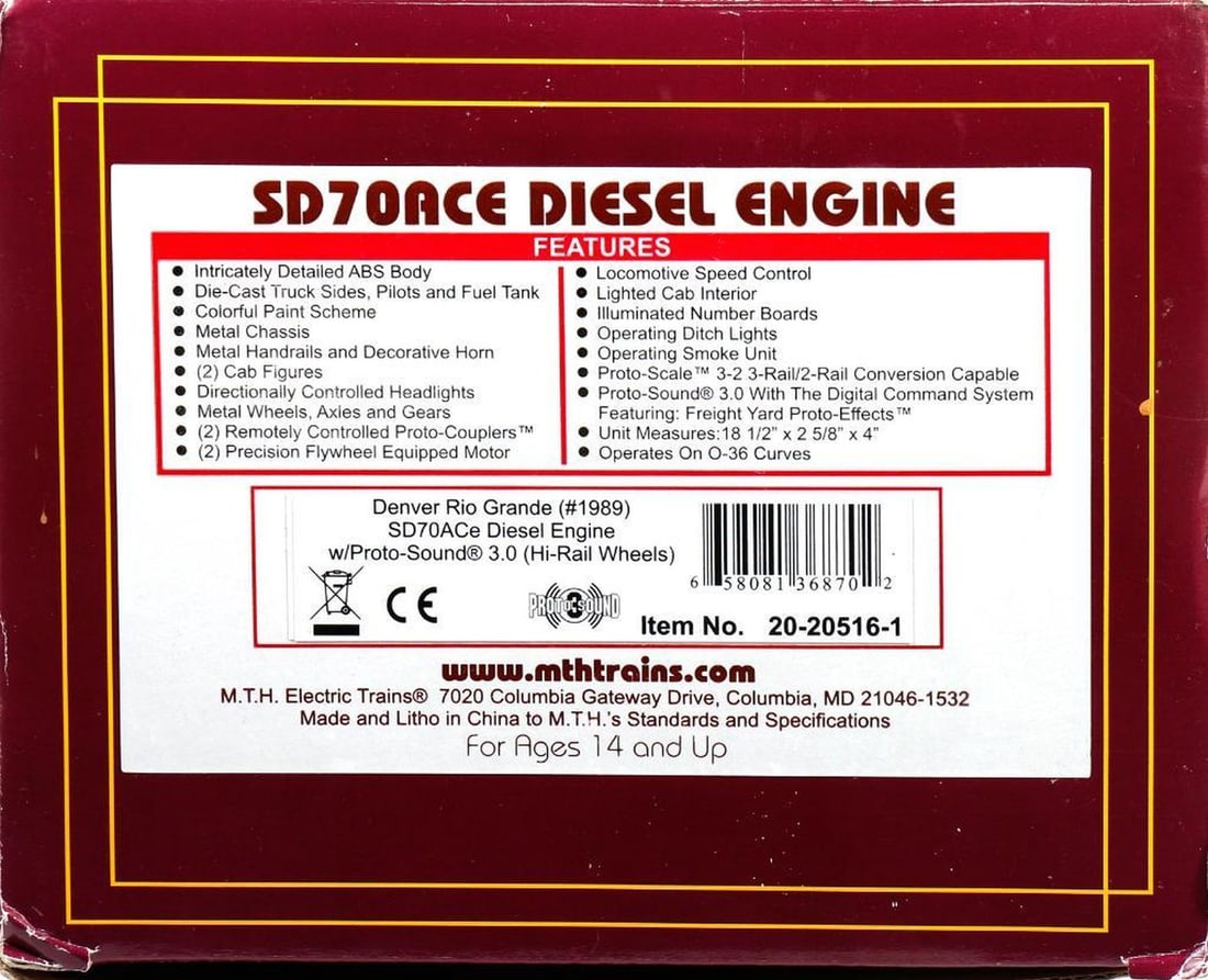 MTH O Gauge D&RGW SD70ACe Diesel Locomotive (1 of 3)