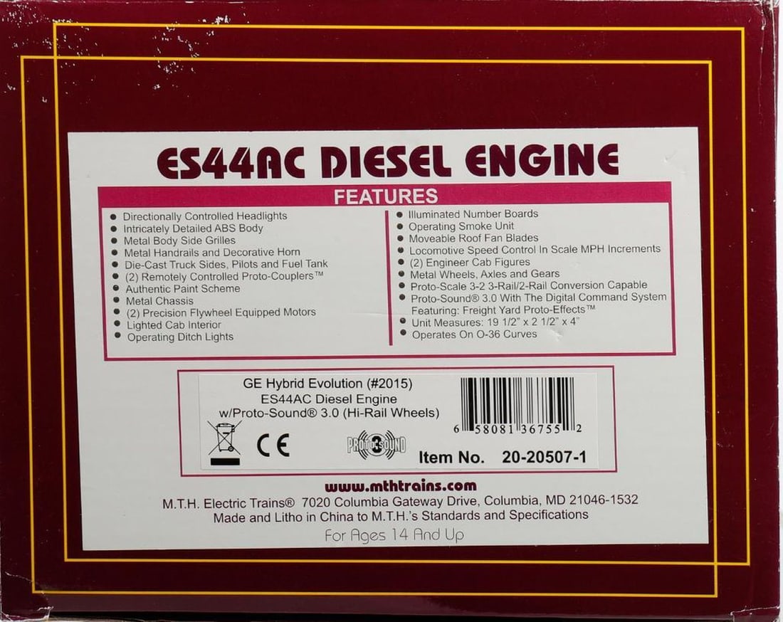 MTH O Gauge GE Evolution ES44AC Diesel Locomotive: MTH 20-20507-1 O Gauge ES44ACE GE Hybrid Evolution (#2015) Diesel Locomotive in original shelf worn box.