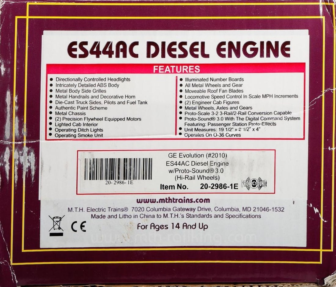 MTH O Gauge GE Evolution ES44AC Diesel Locomotive: MTH 20-2986-1E ES44AC GE Evolution Diesel Engine 3-Rail - in shelf worn original box.