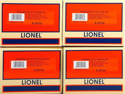 Lionel O Gauge Rio Grande Zephyr 18" Al Pass Car 4-Pack: Lionel O Gauge 6-25722 Rio Grande California Zephyr 18 inch Aluminum Passenger Car 4-Pack in original shelf worn and faded box.