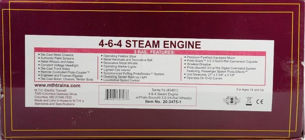 MTH O Gauge Santa Fe #3461 4-6-4 Steam Loco