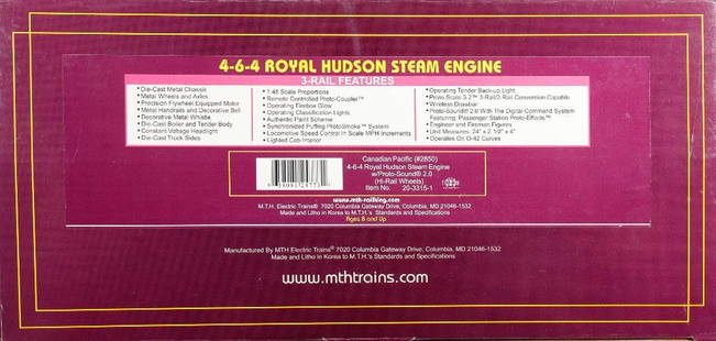 MTH O Gauge Royal Hudson Steam Locomotive: MTH O Gauge 20-3315-1 Canadian Pacific #2850 4-6-4 Royal Hudson Steam Locomotive and Tender in original shelf worn box.