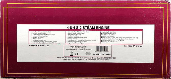 MTH O Gauge Great Northern S-2 4-8-4 Locomotive: MTH O Gauge 20-3501-1 Great Northern S-2 4-8-4 Steam Locomotive and Tender in original shelf worn box.