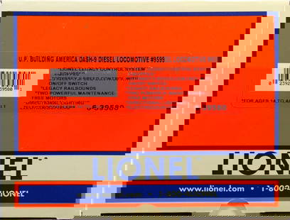 Lionel O Gauge Union Pacific Dash-9 Diesel Loco: Lionel O Gaige 6-39580 Union Pacific Building America Dash-9 Diesel Locomotive #9599 in original shelf worn box.
