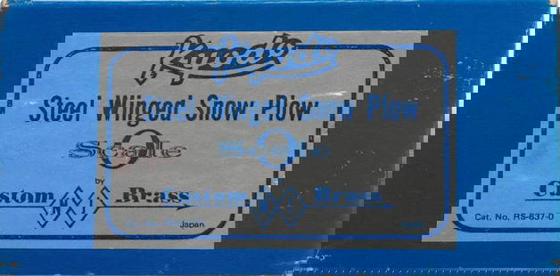 NJ Custom Brass O Gauge Canadian Pacific Snow Plow: NJ Custom Brass O Gauge Canadian Pacific Steel Winged Snow Plow in shelf worn original box.