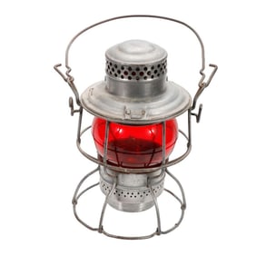 Adams & Westlake Railroad Lantern with red globe. Embossed "A. T. & S. F. RY.