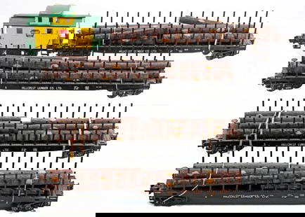 O Gauge Logging Train - Hillcrest Lumber Company: O Gauge Logging Train - Hillcrest Lumber Company MTH Bobber Caboose - road number HL-35 - no box, Stack broken off MTH Log Flat Car with stakes and Logs - road number 2 - no box MTH Log Flat Car with