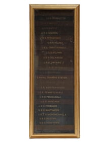 Collection of Navy Cap Ship Ribbons, Framed