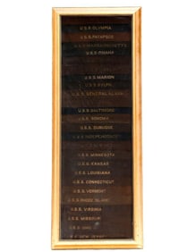 Collection of Navy Cap Ship Ribbons, Framed