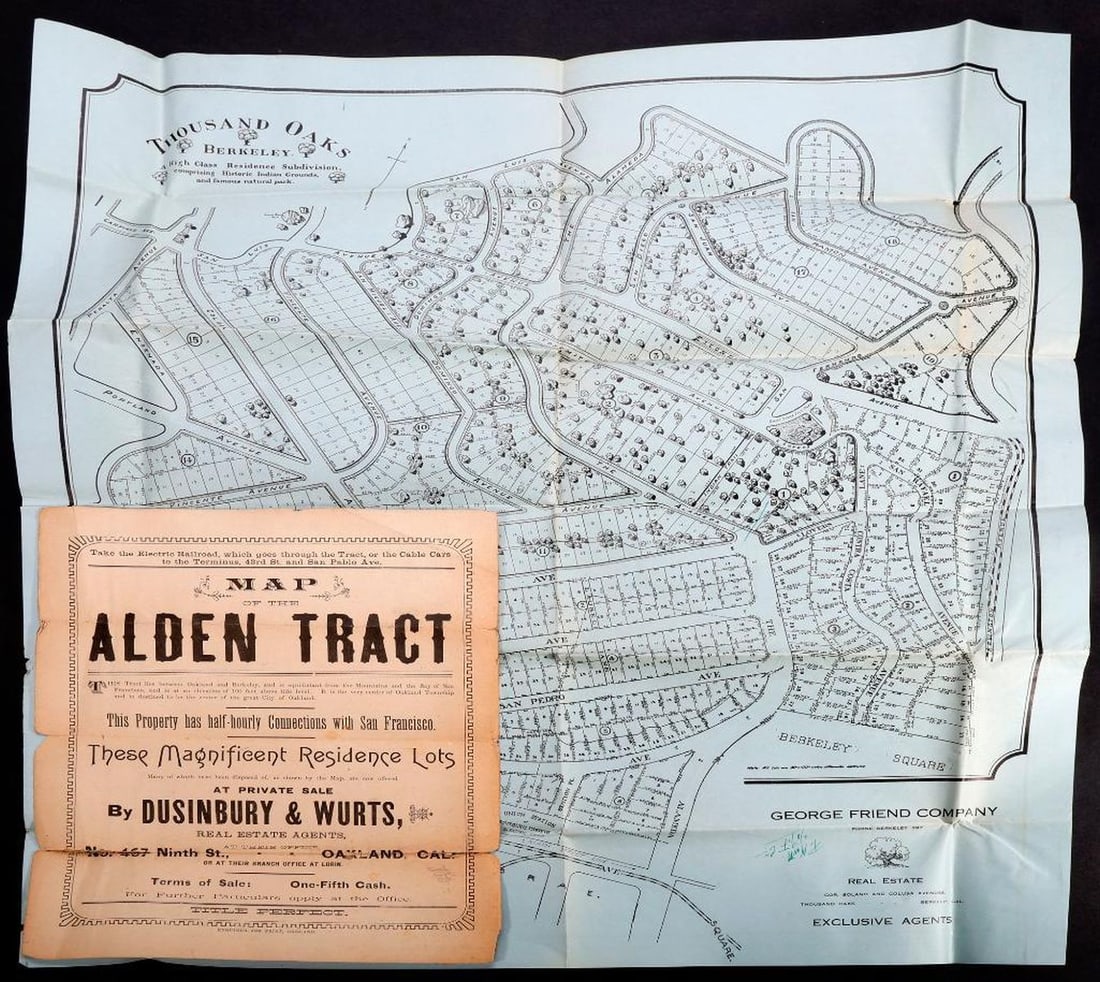 Thousand Oaks Berkeley Tract Map/"Historic Indian Grounds": THOUSAND OAKS, BERKELEY, HIGH CLASS RESIDENCE SUBDIVISION, Comprising Historic Indian Grounds, and famous natural park. An undated, illustrated promotional tract map, George Friend Company Real E