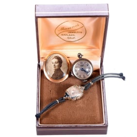 Photo Portrait Gold Brooch, and Two Ladies Watches