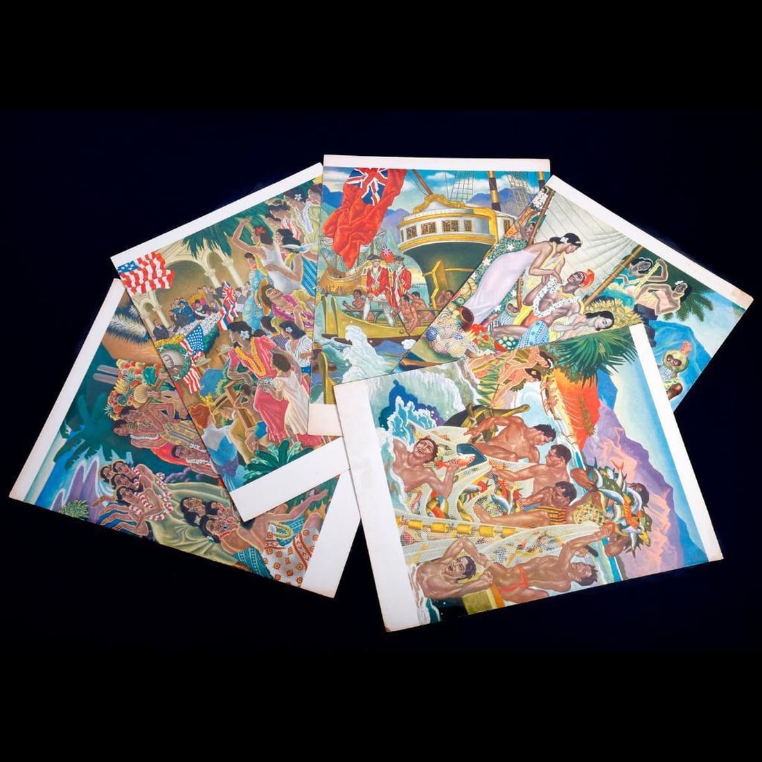 Vintage Matson Line Menus, Art by Eugene Savage (9): EUGENE FRANCIS SAVAGE (1883-1978). Group of nine menus from the Matson Line, S.S. Lurline, featuring the art of Eugene Savage, dated 1950 (1) and 1951, various days (8). 13 3/4" x 10 1/2" (13 3/4" x 2