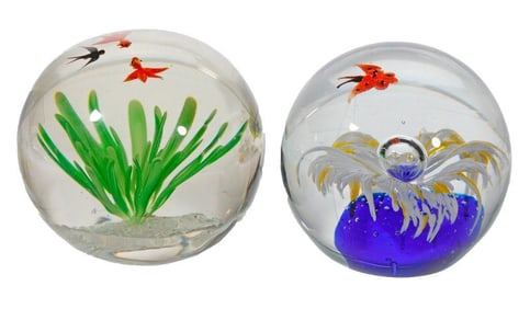 Two Murano Glass Paperweights, Fishbowl and Butterfly