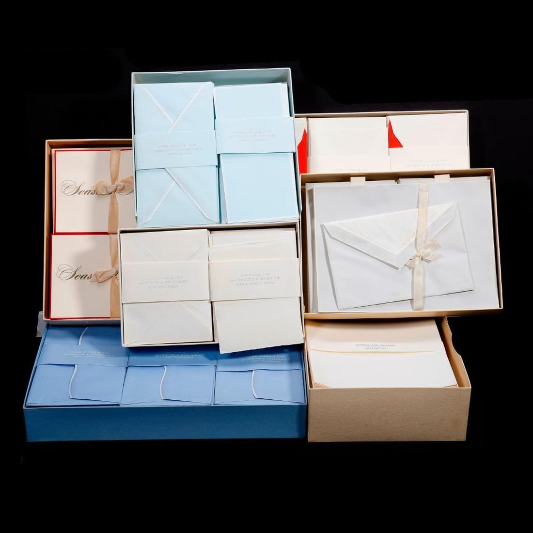 Vintage Shreve & Co. French Stationery (7 Boxes): A group of seven boxes of blue and white/cream plain stationery, all Made in Paris for Shreve & Company, San Francisco. Includes blank/not personalized envelopes, letter or note cards, and one bo