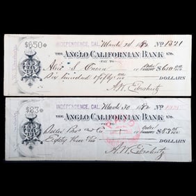 Two Angelo California Bank Checks, 1892