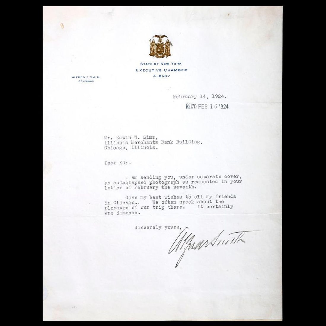 Alfred E. Smith TLS, with Campaign Buttons (1 of 3)