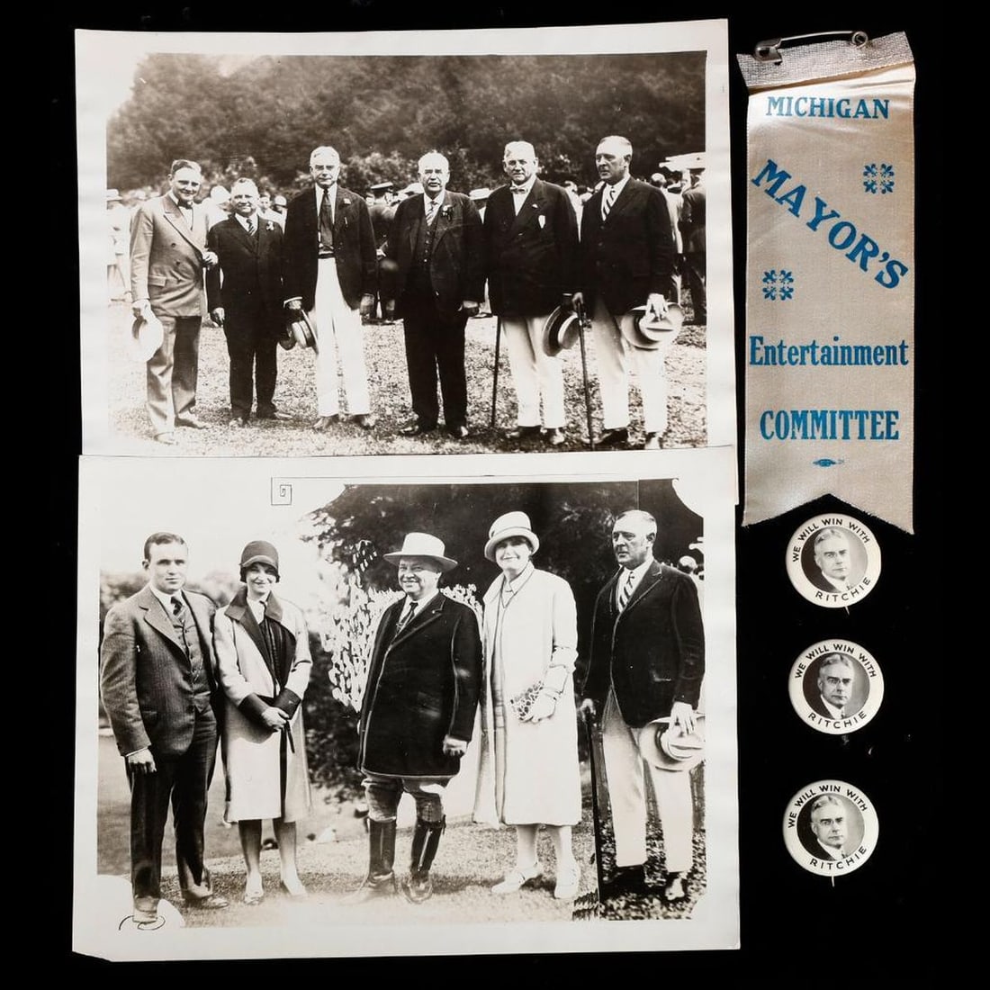 Albert Ritchie Campaign/Politicians, Photos and Buttons: [ALBERT RITCHIE CAMPAIGN; U.S. GOVERNORS/MAYORS.] Group of 1920s-1930s political ephemera: 1.) A vintage photograph featuring Albert Cabell Ritchie (1876-1936), 49th Governor of Maryland (1920-19