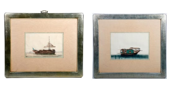 Pair of Chinese Paintings of Boats, Framed