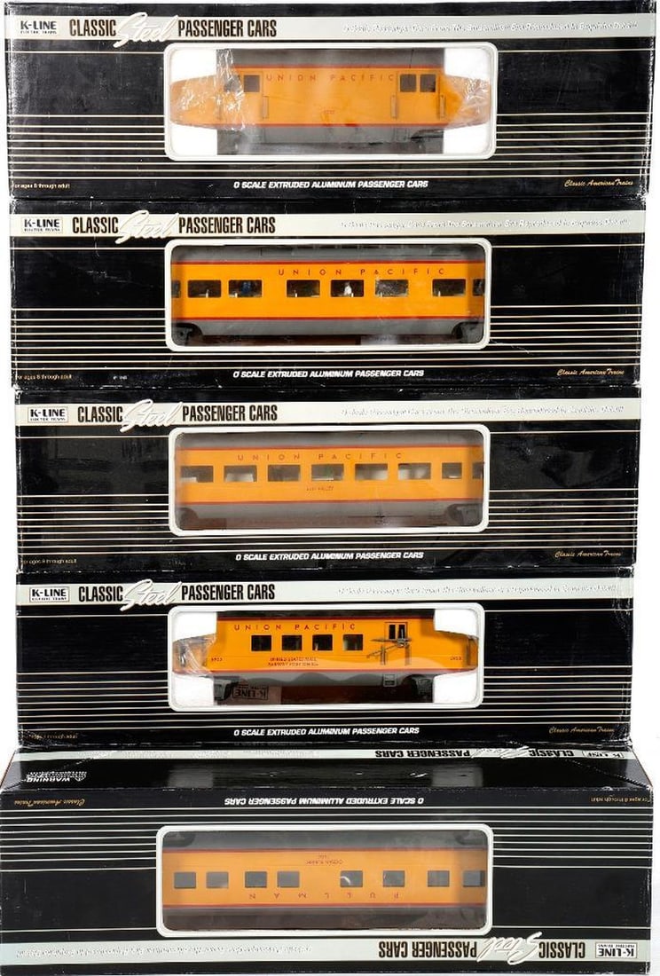 K-Line UP "City of Los Angeles" O Scale 18" Al Cars: K-Line O Scale Extruded Aluminum 18 inch Union Pacific Passenger Cars K4690-16327 Baggage Car #6327 K4690-15902 RPO Car #5902 K4690-38003 Dome Diner #8003 K4690-31305 "Ocean Sunset" Pullman #1305 K469