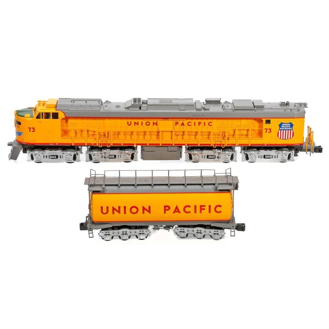 Lionel O Gauge Union Pacific Veranda Turbine: Lionel O Gauge 6-18149 Union Pacific Veranda Turbine and Auxiliary Tender in original shelf worn and faded box.