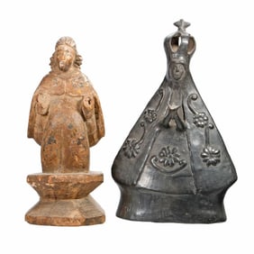 Mexican Black Pottery Virgin, and Wood Santo