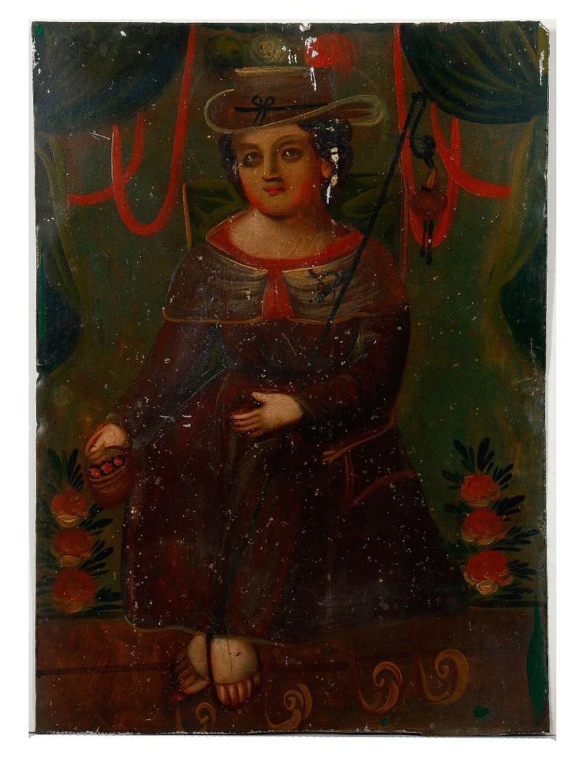 A Mexican Retablo of the Child of Atocha: 19th/20th Century Mexican School. A Mexican retablo of the Holy Child of Atocha. Oil on tin. Unsigned. 14" H x 10" W (unframed). Condition: Visual: Grime, varnish discoloration, wear to tin, and loss 