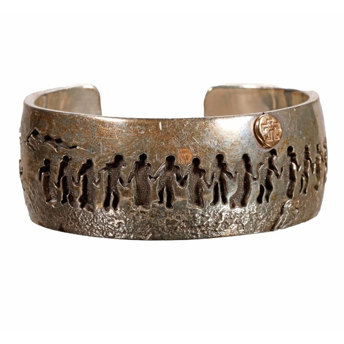 Vintage Native American Southwest Cuff Bracelet: An Old Pawn silver and gold cuff bracelet marked Gilbert Begay. Approximately: 1 inches wide. Approximate size: 6 1/4 inches, which includes the additional wrist gap. Approximate total weight: 86 g. C