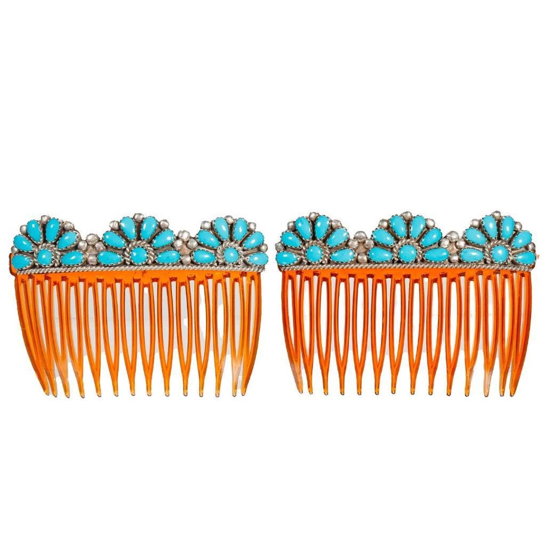 Vintage Native American Southwest Hair Combs: Vintage Old Pawn Southwest turquoise and silver set of two hair combs. Approximate size: 3 x 2 inches each. Condition Good (no breaks or damages)