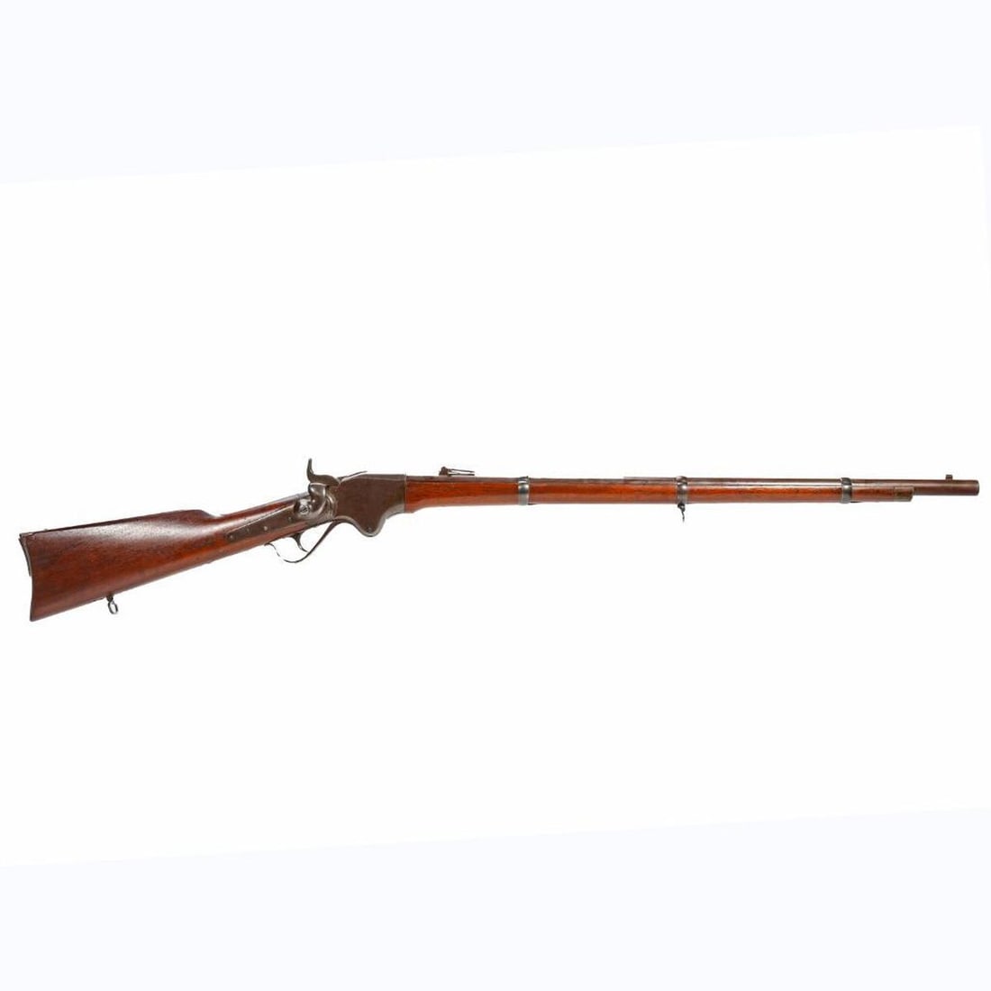 Spencer Model 1860 Military Rifle: [CIVIL WAR} Caliber: Probably .56-54 Rim Fire. Serial #23228 (manufacture circa 1862-1865), single round barrel, walnut stock secured by three solid barrel bands, plain trigger and walnut stocks. Top
