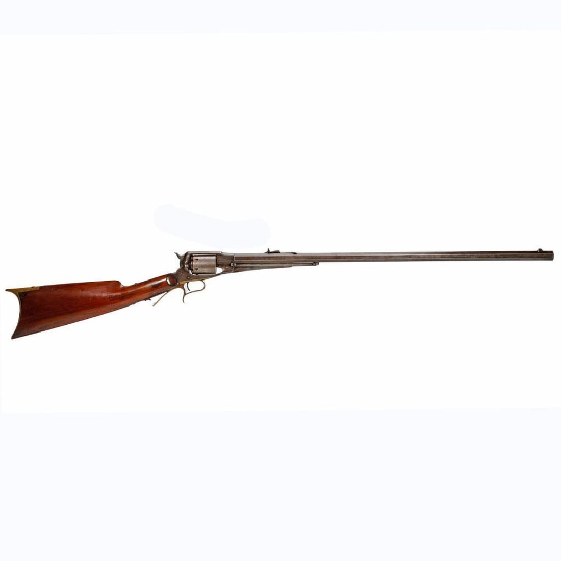 Remington Revolving Rifle: Caliber: .36. Possible stamped Serial #103, octagonal barrel, walnut stock with a crescent shaped brass butt plate and trigger guard and spur, overall 42.25"l, barrel 28"l Condition: overall poor cond