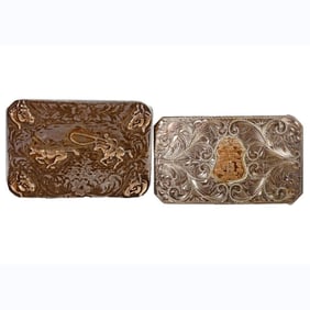 Two Sunset Trails Gold Inlaid Sterling Belt Buckles